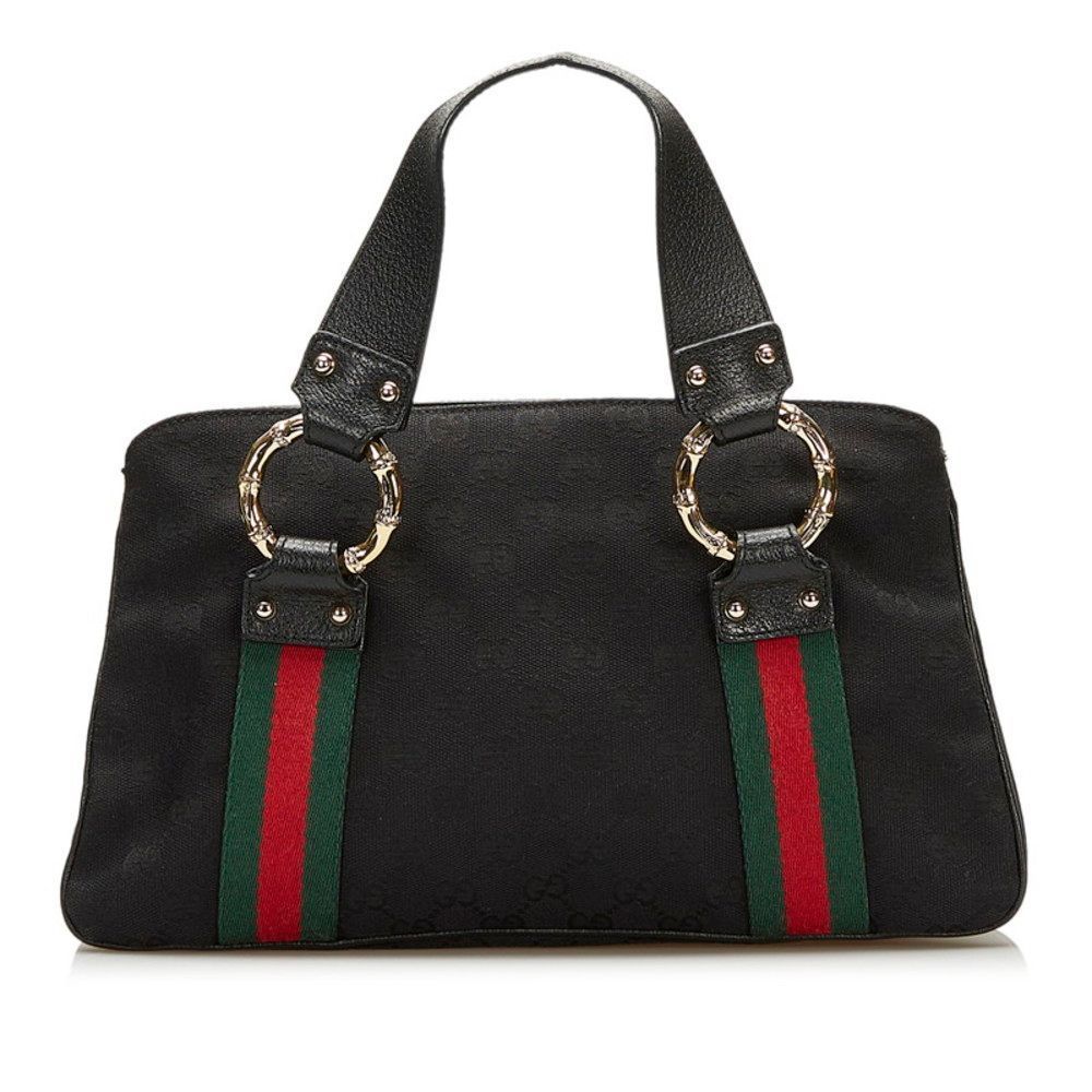 Gucci GG Canvas Sherry Line Metal Bamboo Handbag Black Canvas Leather